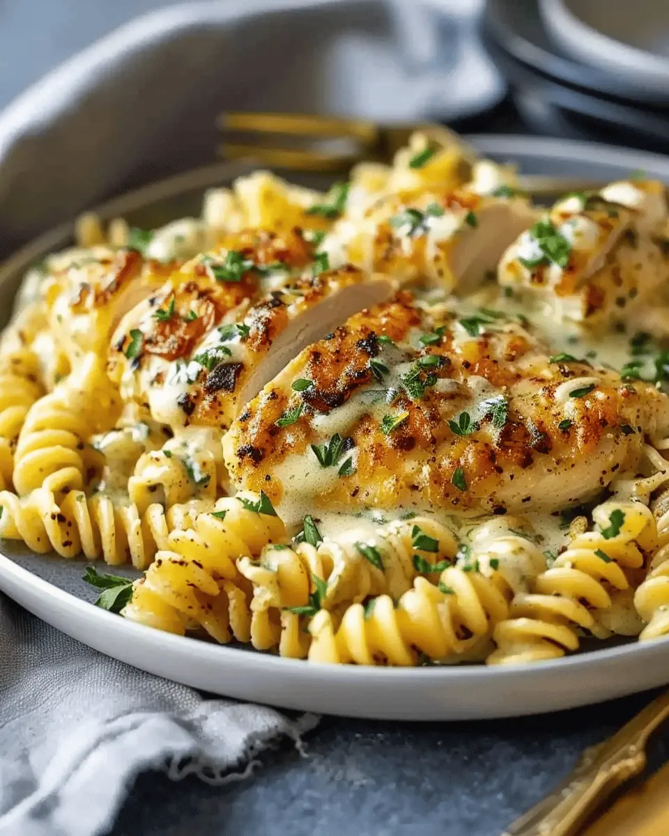 Creamy Garlic Parmesan Chicken with Cheesy Twisted Pasta Delight