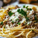 Cheesy Garlic Butter Linguine Pasta with Savory Ground Beef