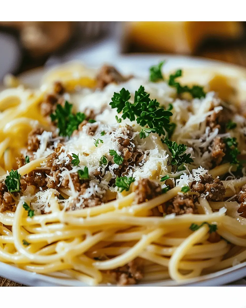 Cheesy Garlic Butter Linguine Pasta with Savory Ground Beef Delight