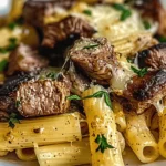 Garlic Butter Steak Tips with Cheesy Rigatoni