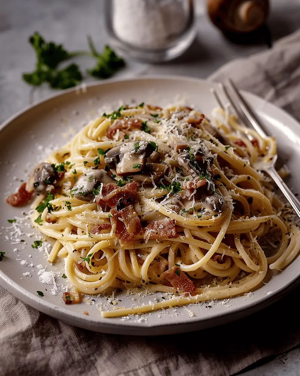 Spaghetti with Creamy Turkey Bacon & Mushroom Sauce Delight