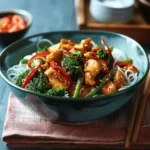 Stir-fried chicken and broccoli with noodles