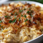 French Onion Chicken Orzo Casserole