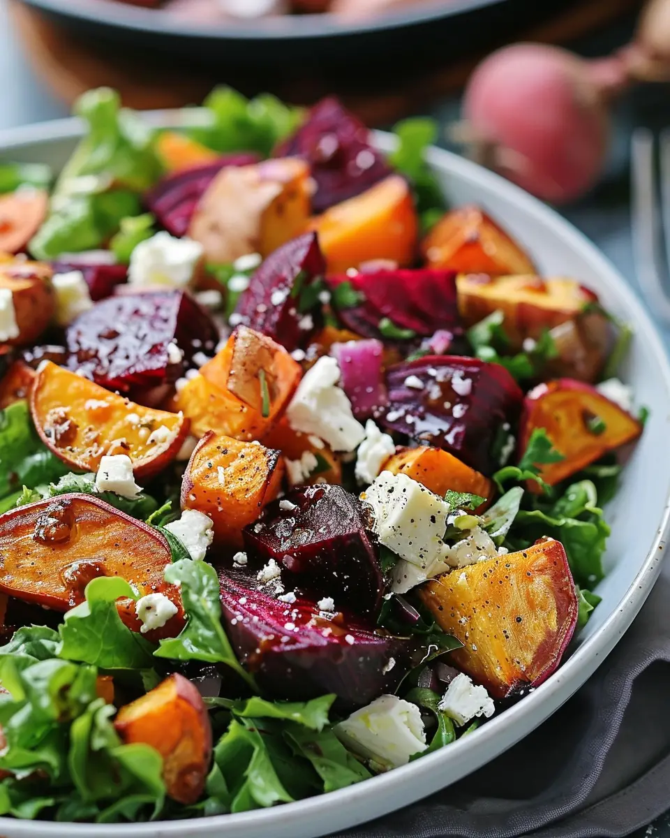 Creamy Roasted Beet Salad with Sweet Potato &amp; Feta Delight