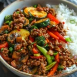 Spicy Ground Beef Stir-Fry Bowl with Garlic Veggies & Steamy Rice