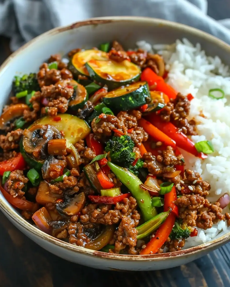 Spicy Ground Beef Stir-Fry: Indulgent Garlic Veggies & Rice Bowl