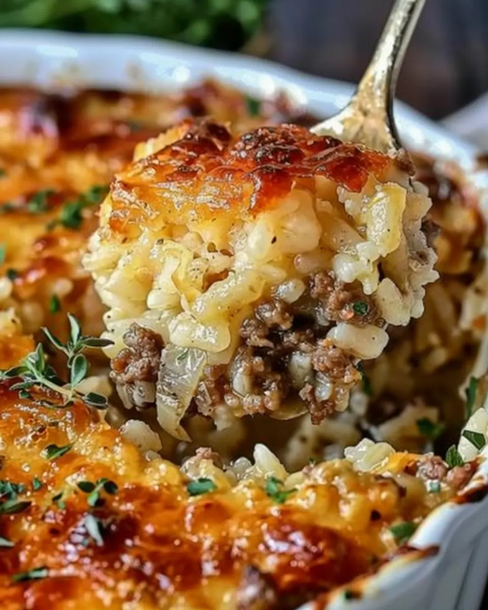 French Onion Ground Beef and Rice Casserole with Turkey Bacon Delight